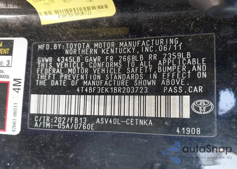 2011 Toyota Camry Le из США, поврежденный, VIN 4T4BF3EK1BR203723